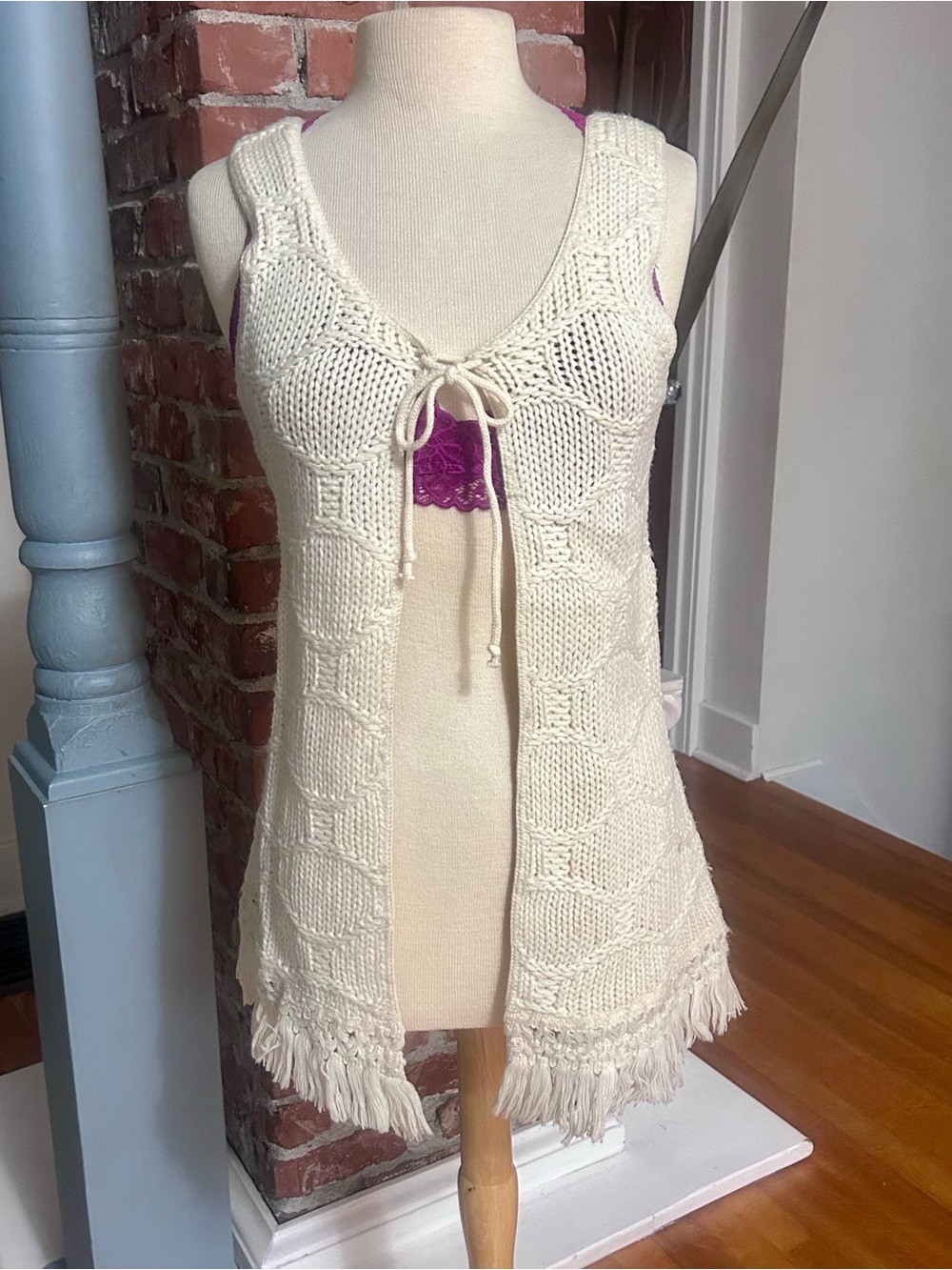 Vintage Boho 70’s Cream Crochet Fringe Tie-Front Vest
